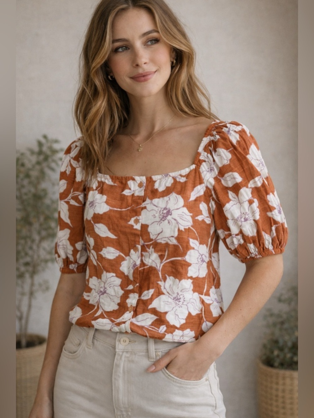 Lush Rust Floral Puff-Sleeve Square-Neck Buttoned Top Size-Small EuropeanSummer